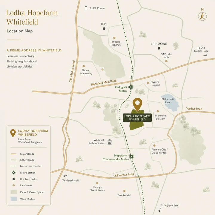 Lodha Hopefarm Whitefield location map showing Hope Farm and Whitefield landmarks Lodha Hopefarm Whitefield location map showing Hope Farm and Whitefield landmarks